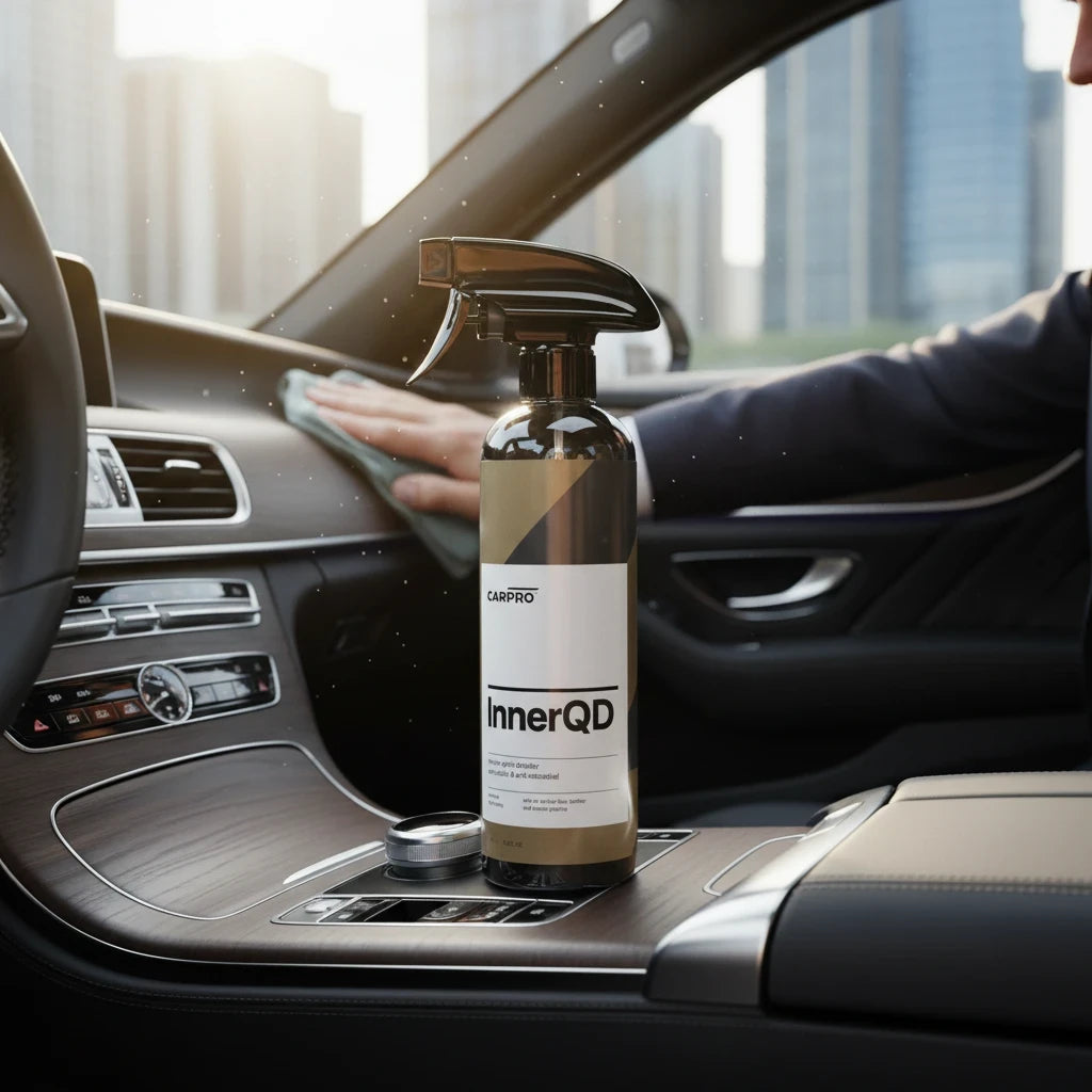 Planet Car Care CarPro InnerQD interior quick detailer spray bottle on a luxury car center console