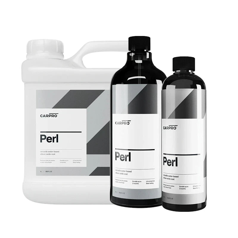 Planet Car Care CarPro Perl water-based dressing bottles for plastic, rubber, and leather UV protection