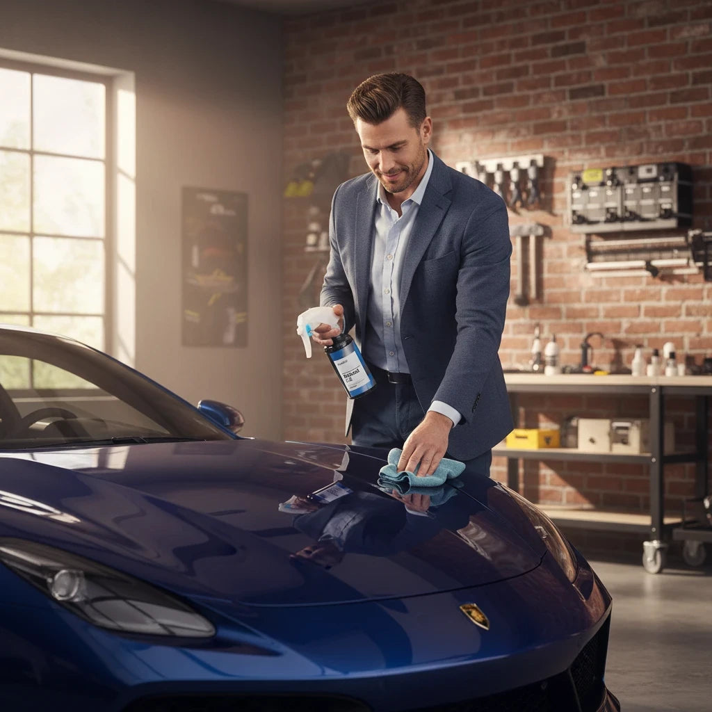 Planet Car Care professional applying CarPro Reload 2.0 ceramic spray sealant to a glossy blue sports car hood