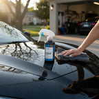 Planet Car Care CarPro Reload 2.0 spray sealant bottle on a wet black car hood with a microfiber cloth