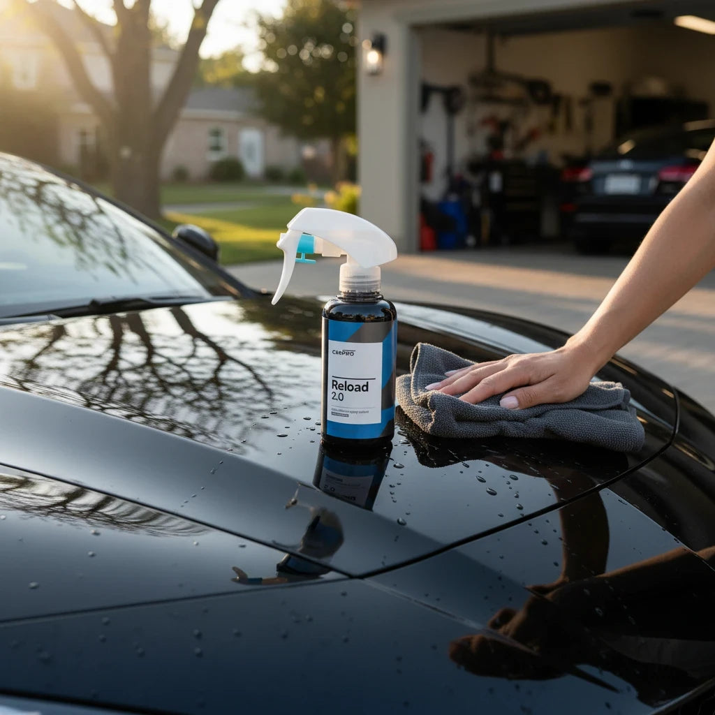 Planet Car Care CarPro Reload 2.0 spray sealant bottle on a wet black car hood with a microfiber cloth