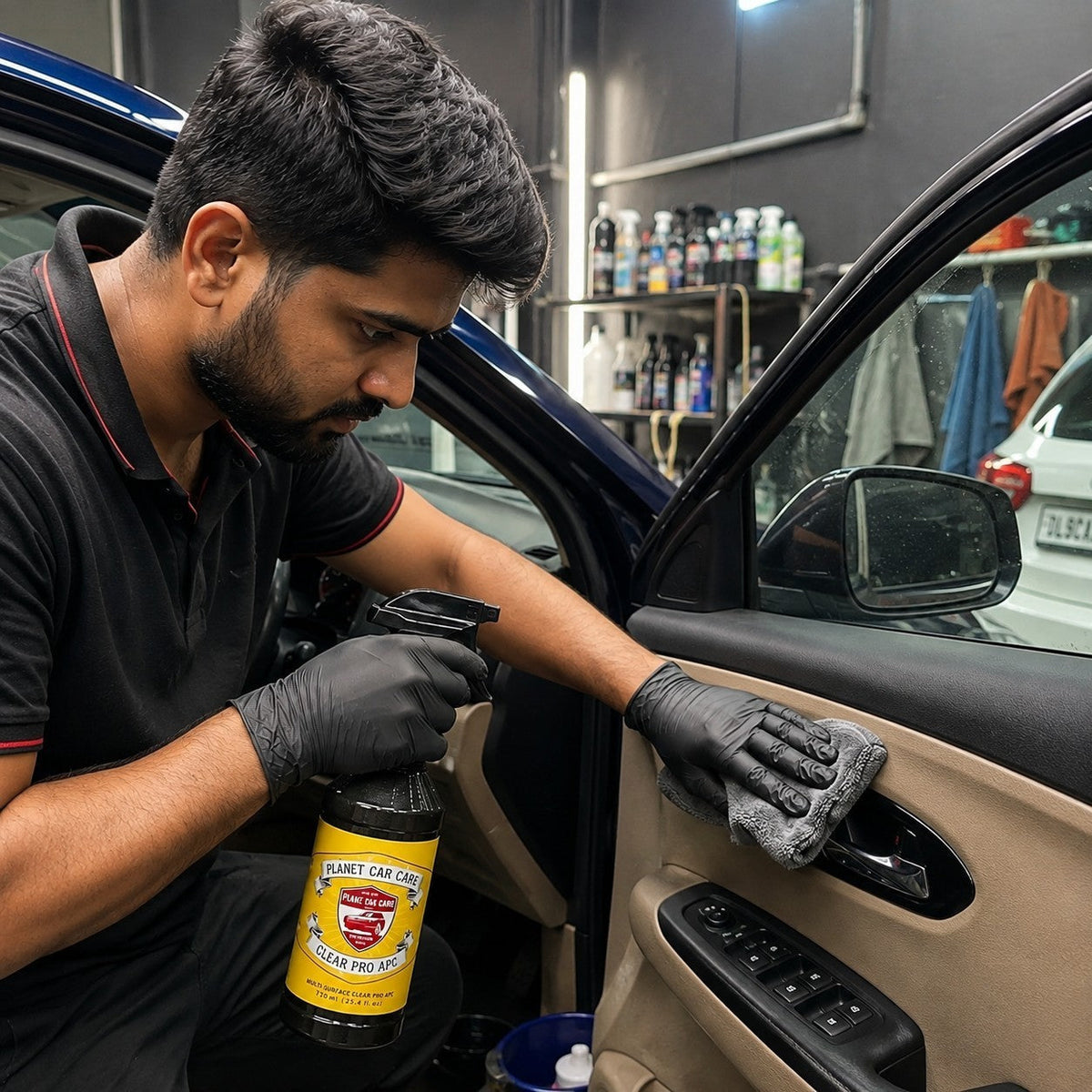 A detailer using Planet Car Care ClearPro all-purpose cleaner to wipe a car interior door panel with a microfiber cloth.