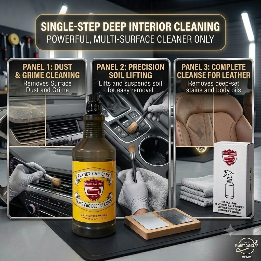 Planet Car Care ClearPro All Purpose Cleaner bottle with three panels demonstrating interior car detailing steps.