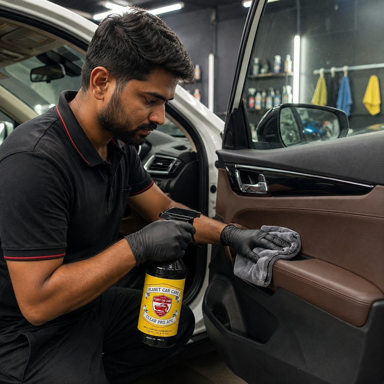 A professional detailer using Planet Car Care ClearPro APC to clean a car door panel with a microfiber cloth.