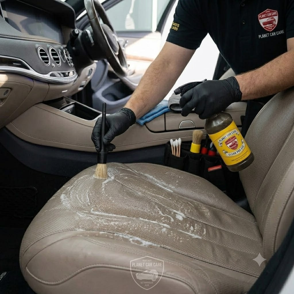 Planet Car Care professional using ClearPro APC and a detailing brush to clean a perforated leather car seat.