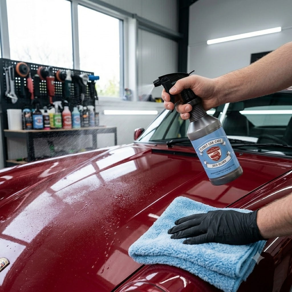 Planet Car Care Eco Gloss waterless wash spray being applied to a polished maroon car hood with a blue microfiber cloth