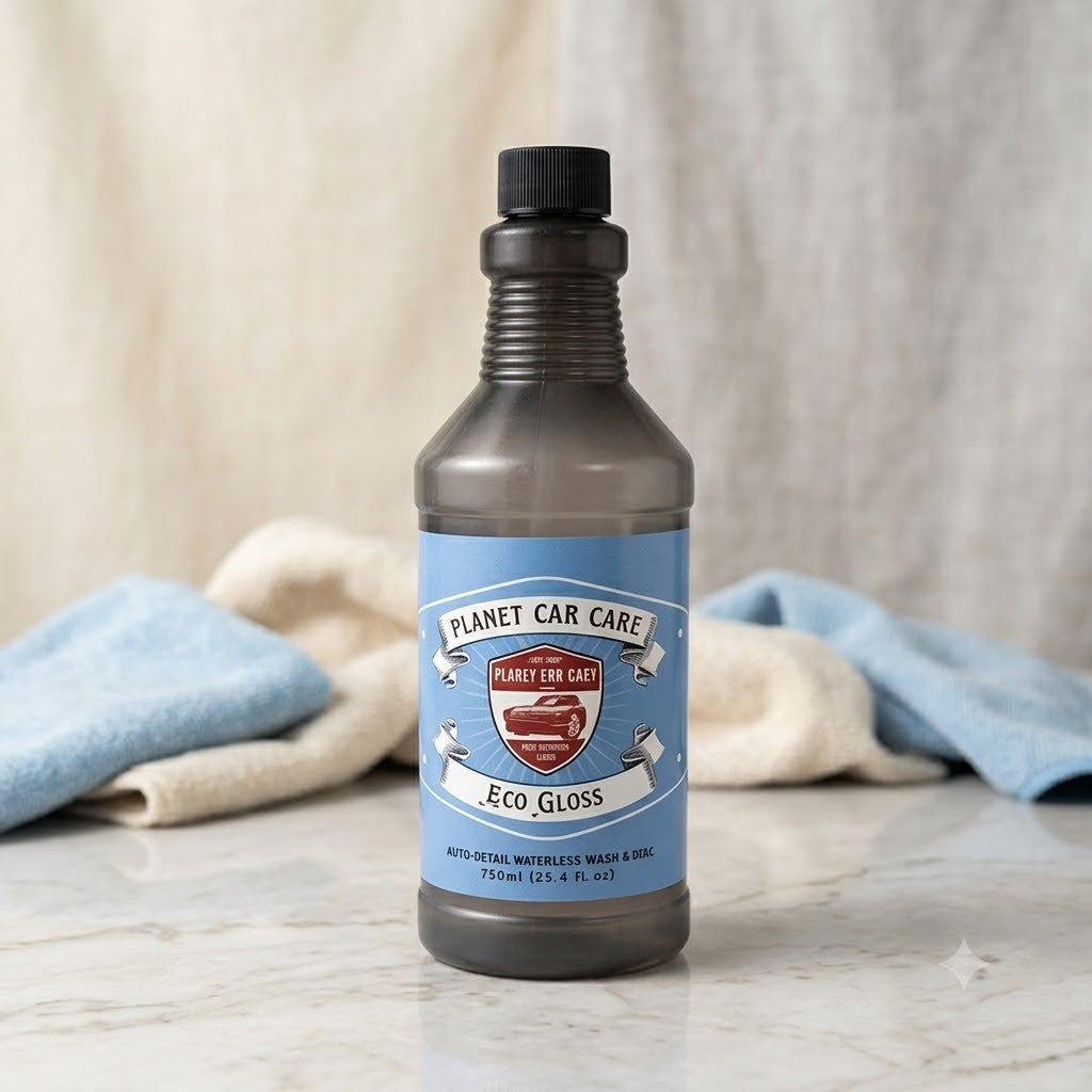 Planet Car Care Eco Gloss waterless wash and wax spray bottle on a marble surface with soft cleaning cloths.