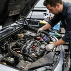 Planet Car Care technician using Ultimate Degreaser spray to clean a car engine with a brush for professional detailing