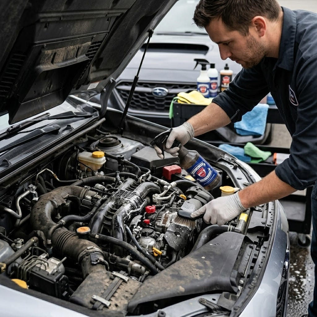 Planet Car Care technician using Ultimate Degreaser spray to clean a car engine with a brush for professional detailing