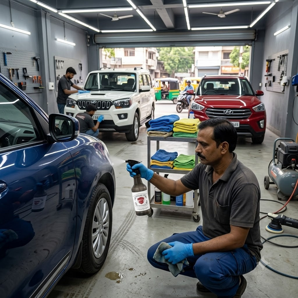 Planet Car Care technician using EraseX panel preparation spray on a car exterior in a professional detailing studio.