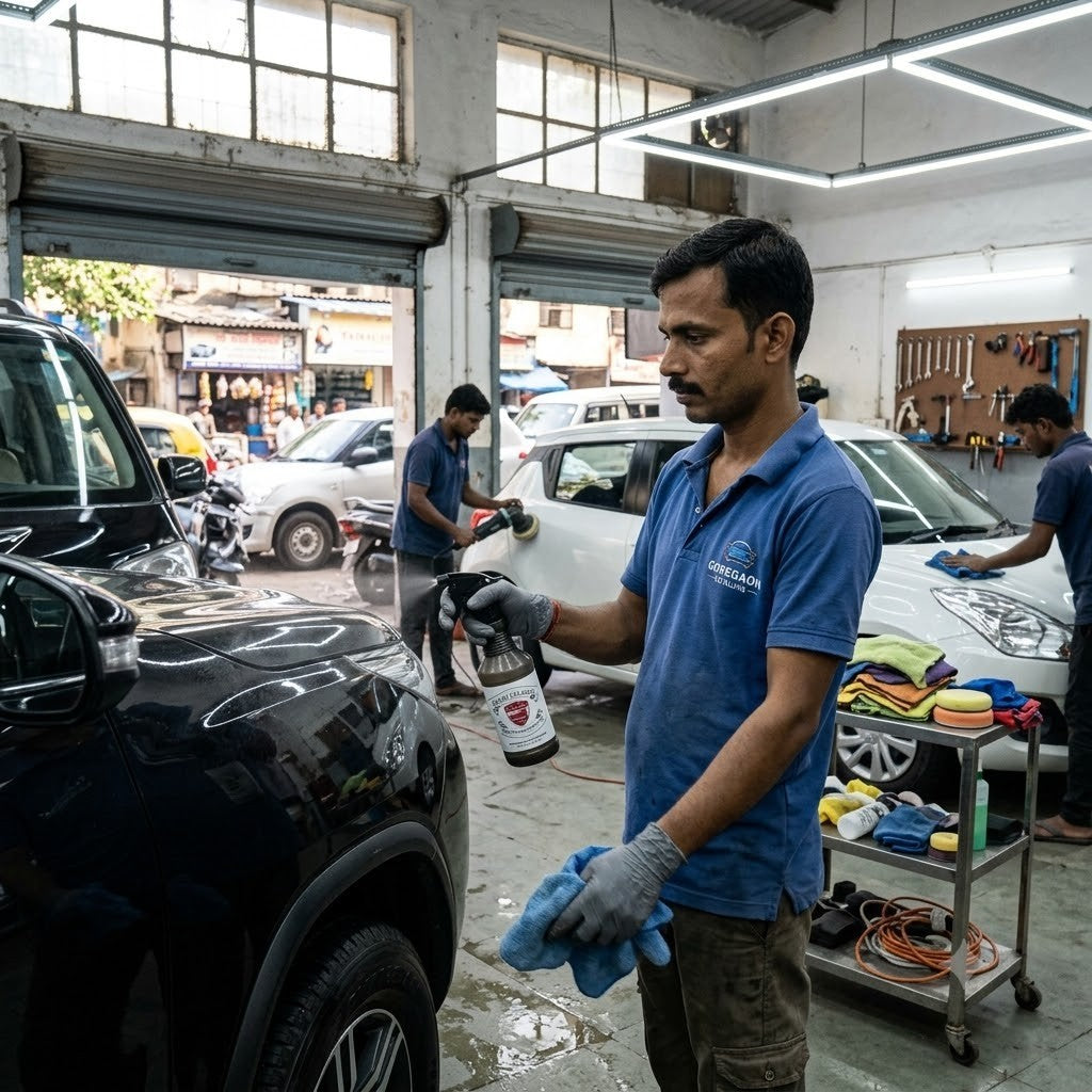 Planet Car Care technician using EraseX Panel Preparation Spray to clean a car surface in a professional workshop.
