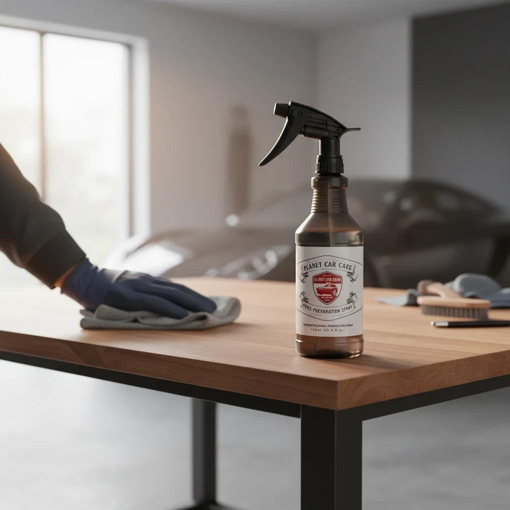 Planet Car Care EraseX Panel Preparation Spray in a 750ml bottle on a wooden table with a microfiber cloth nearby.