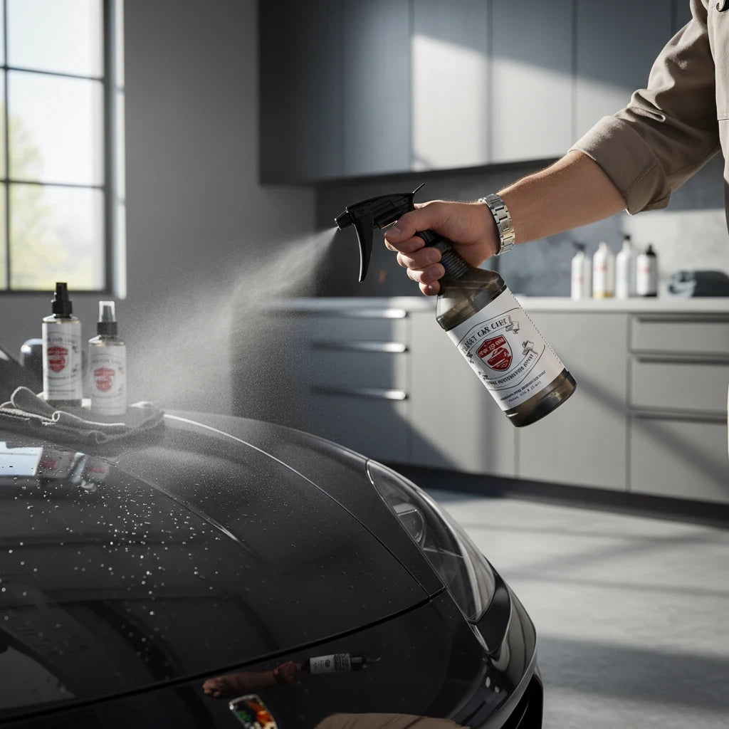 Planet Car Care EraseX panel preparation spray being applied to a car hood for professional detailing and cleaning.