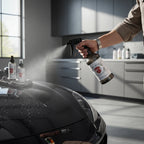 Planet Car Care EraseX panel preparation spray being applied to a car hood for professional detailing and cleaning.