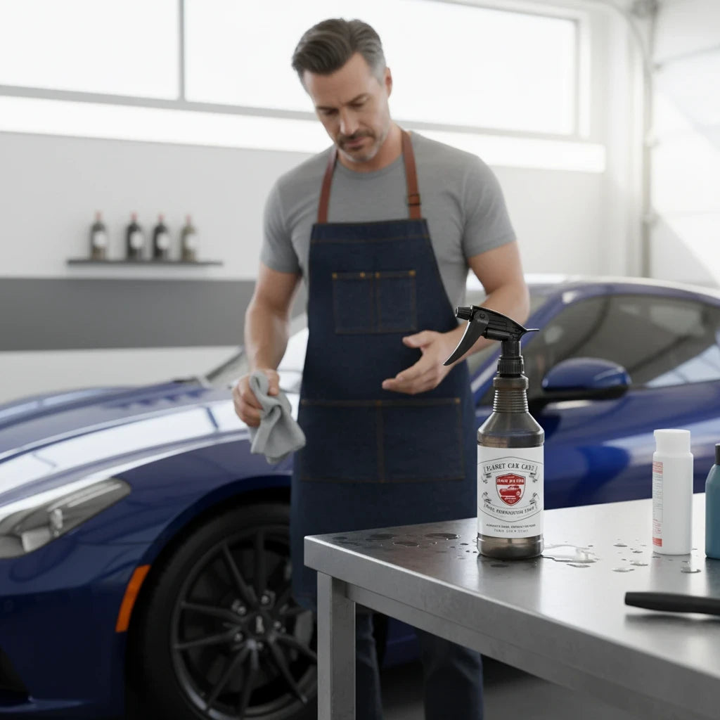 Planet Car Care EraseX Panel Preparation Spray bottle on a workshop table with a detailer in the background