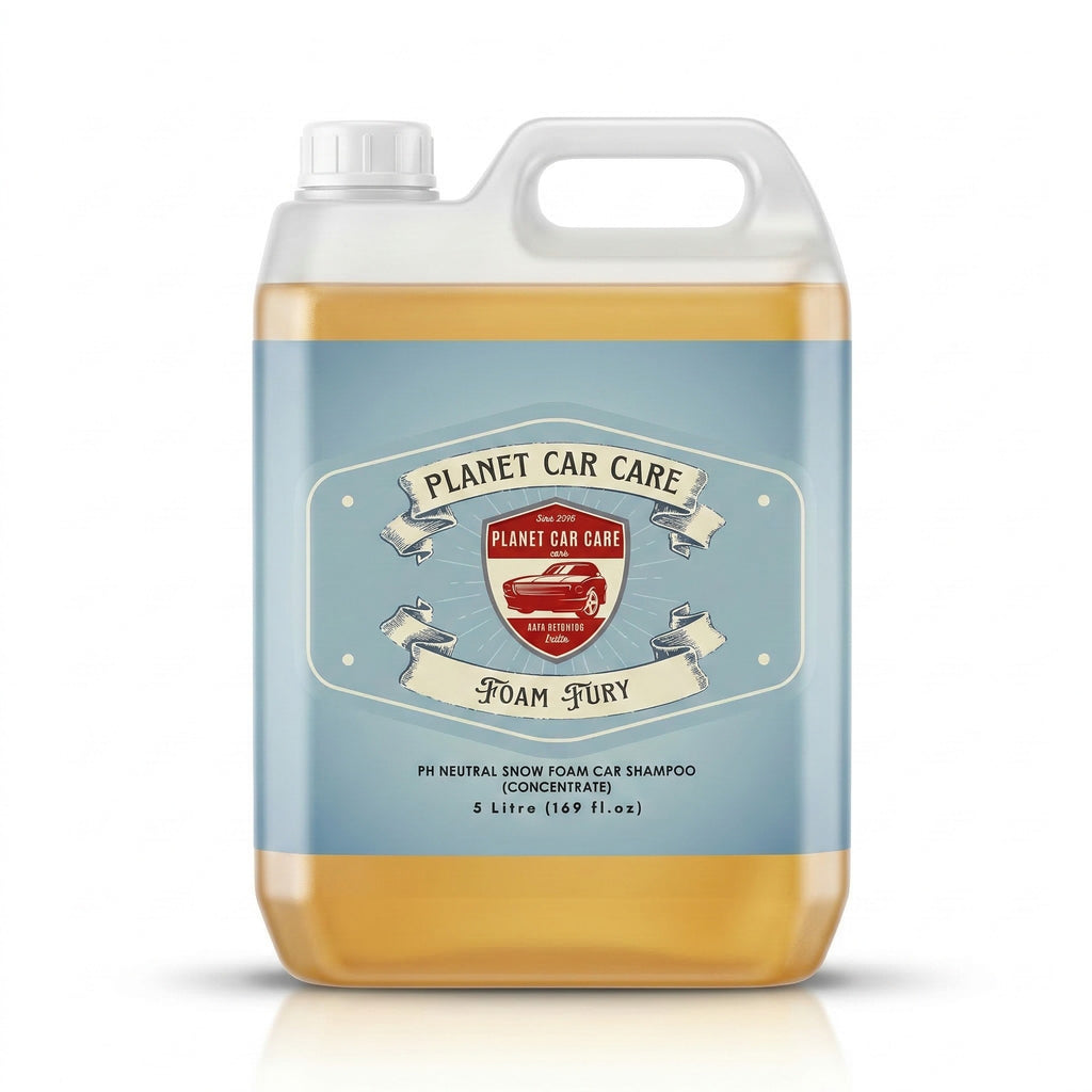 Planet Car Care Foam Fury concentrated snow foam car shampoo in a 5L translucent plastic jug with a blue label.