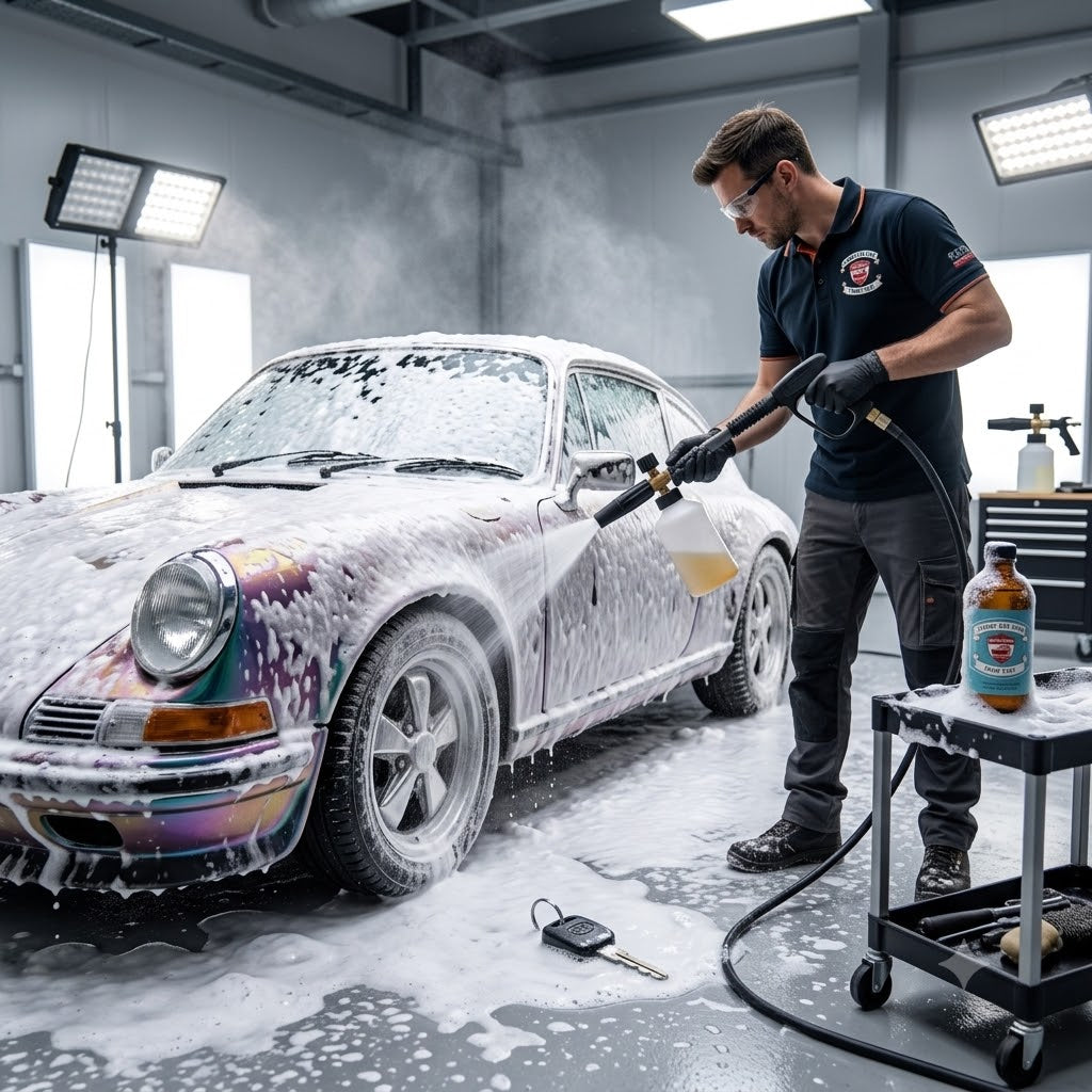 Planet Car Care technician using a foam cannon to apply thick snow foam shampoo to a classic car in a workshop