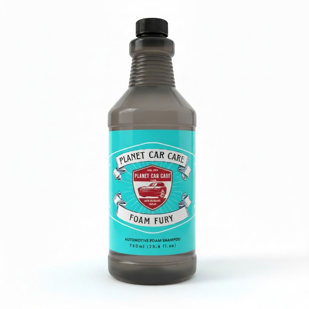 Planet Car Care Foam Fury concentrated automotive snow foam shampoo in a 750ml bottle with a teal vintage-style label.