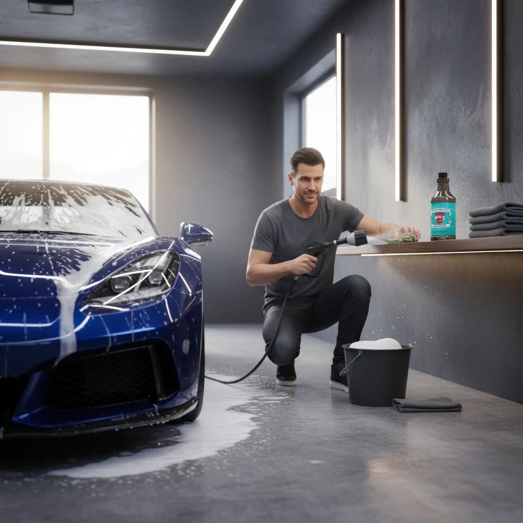 Planet Car Care Foam Fury snow foam shampoo bottle on a shelf next to a man washing a blue sports car in a garage.