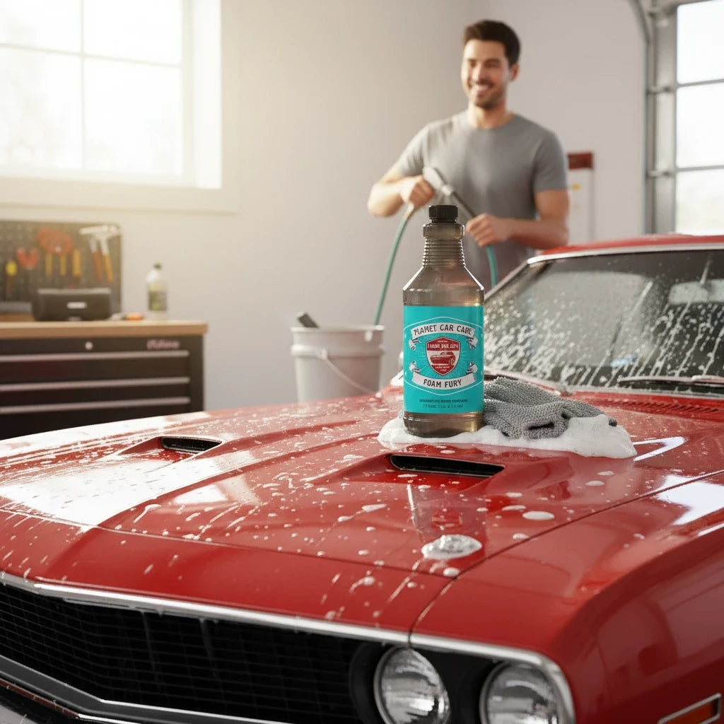 Planet Car Care Foam Fury snow foam shampoo bottle on a red car hood with a man washing a vehicle in the background