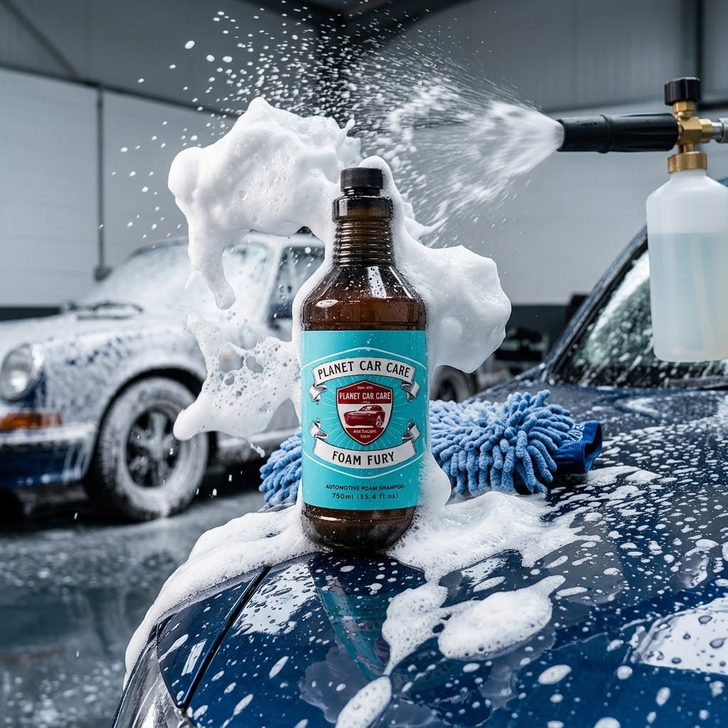 Planet Car Care Foam Fury snow foam shampoo bottle on a car hood being sprayed with thick cleaning foam