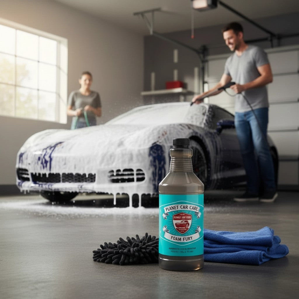 Planet Car Care Foam Fury snow foam shampoo bottle in a garage with a couple washing a car in the background