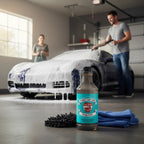 Planet Car Care Foam Fury snow foam shampoo bottle in a garage with a couple washing a car in the background
