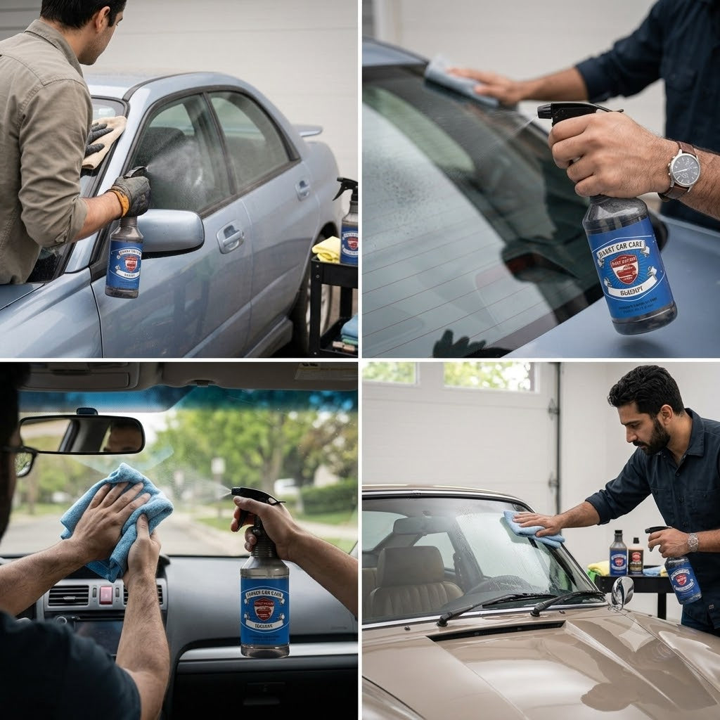 Planet Car Care Glassify glass cleaner spray bottle being used to clean car windows for a streak-free finish.