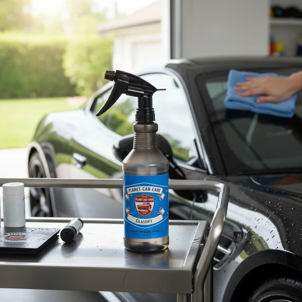 Planet Car Care Glassify glass cleaner spray bottle on a metal detailing cart with a car in the background