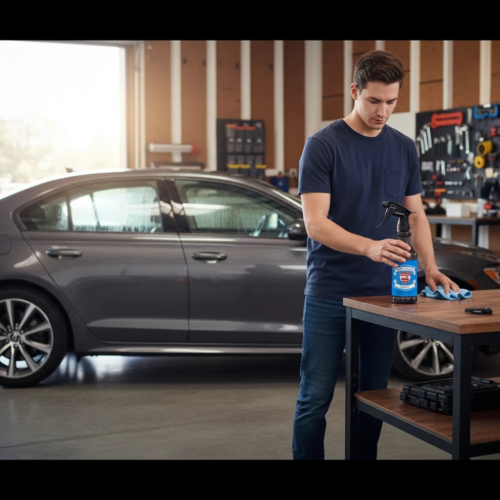 Planet Car Care Glassify glass cleaner spray bottle held by a man cleaning a surface in a garage with a car nearby