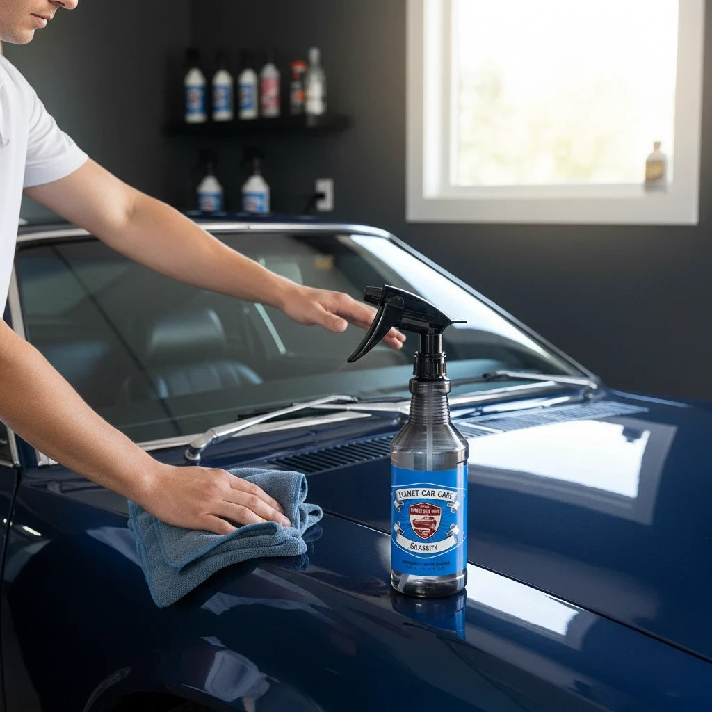 Planet Car Care Glassify glass cleaner spray bottle being used to clean a blue car windshield with a microfiber cloth