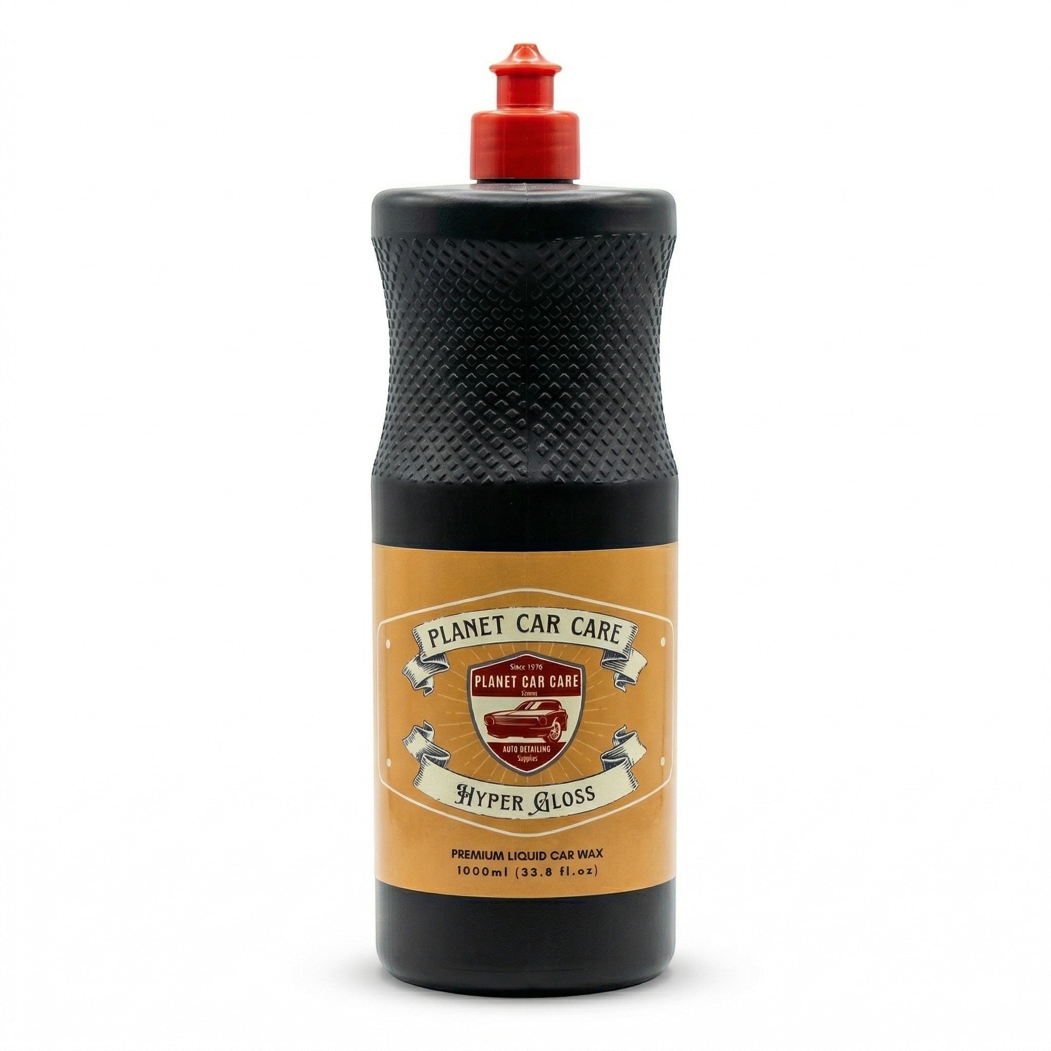 Planet Car Care Hyper Gloss premium liquid car wax in a 1-litre black bottle with a red cap for automotive detailing.
