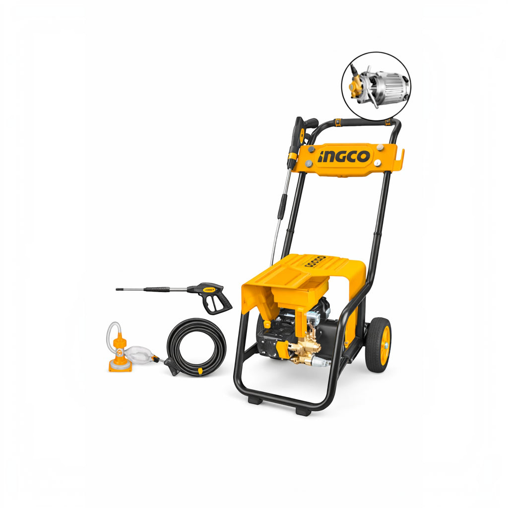 Planet Car Care INGCO 2400W commercial pressure washer with copper pump, metal frame, spray gun, and high-pressure hose.