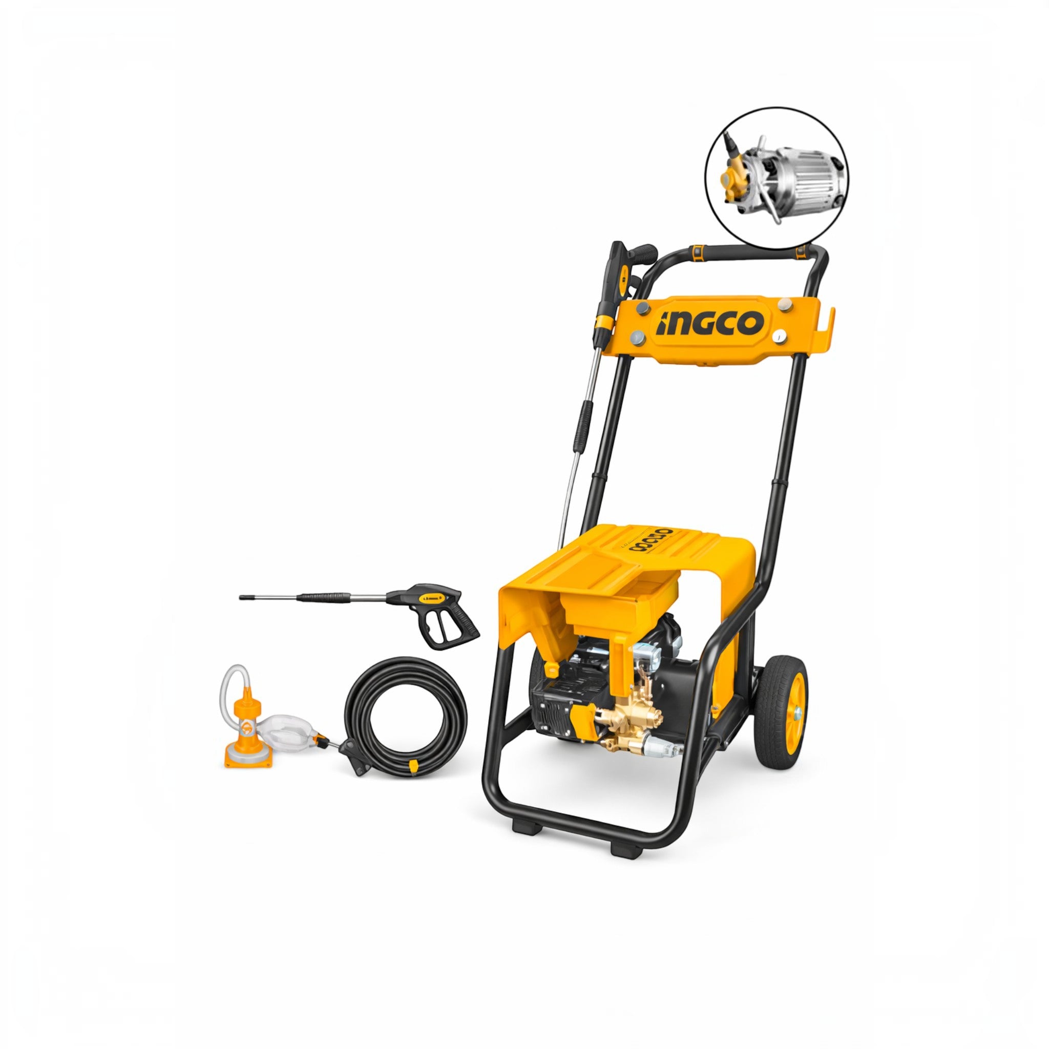 Planet Car Care INGCO 2400W commercial pressure washer with copper pump, metal frame, spray gun, and high-pressure hose.