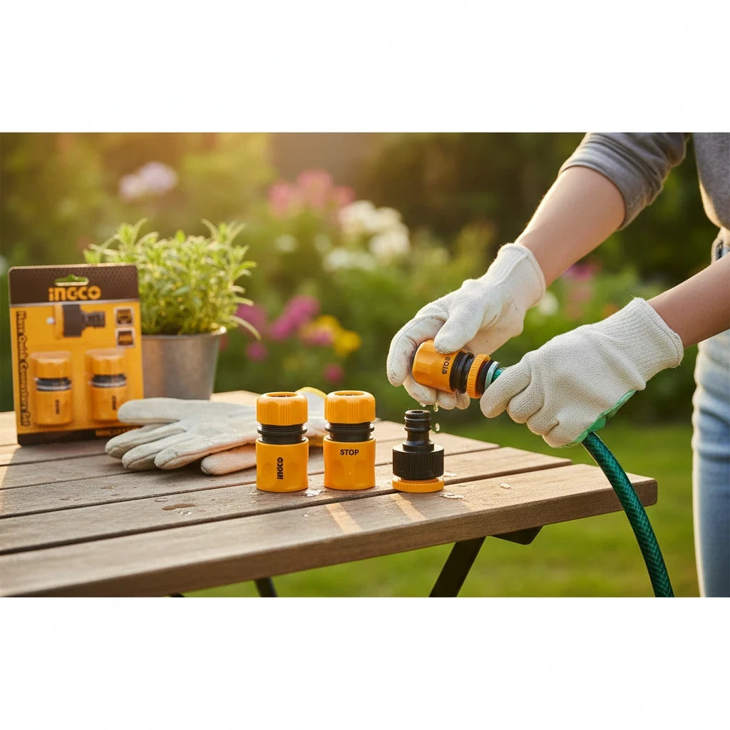 Planet Car Care INGCO 3-piece yellow plastic hose quick connector set being used on a garden table with gloves