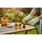 Planet Car Care INGCO 3-piece yellow plastic hose quick connector set being used on a garden table with gloves