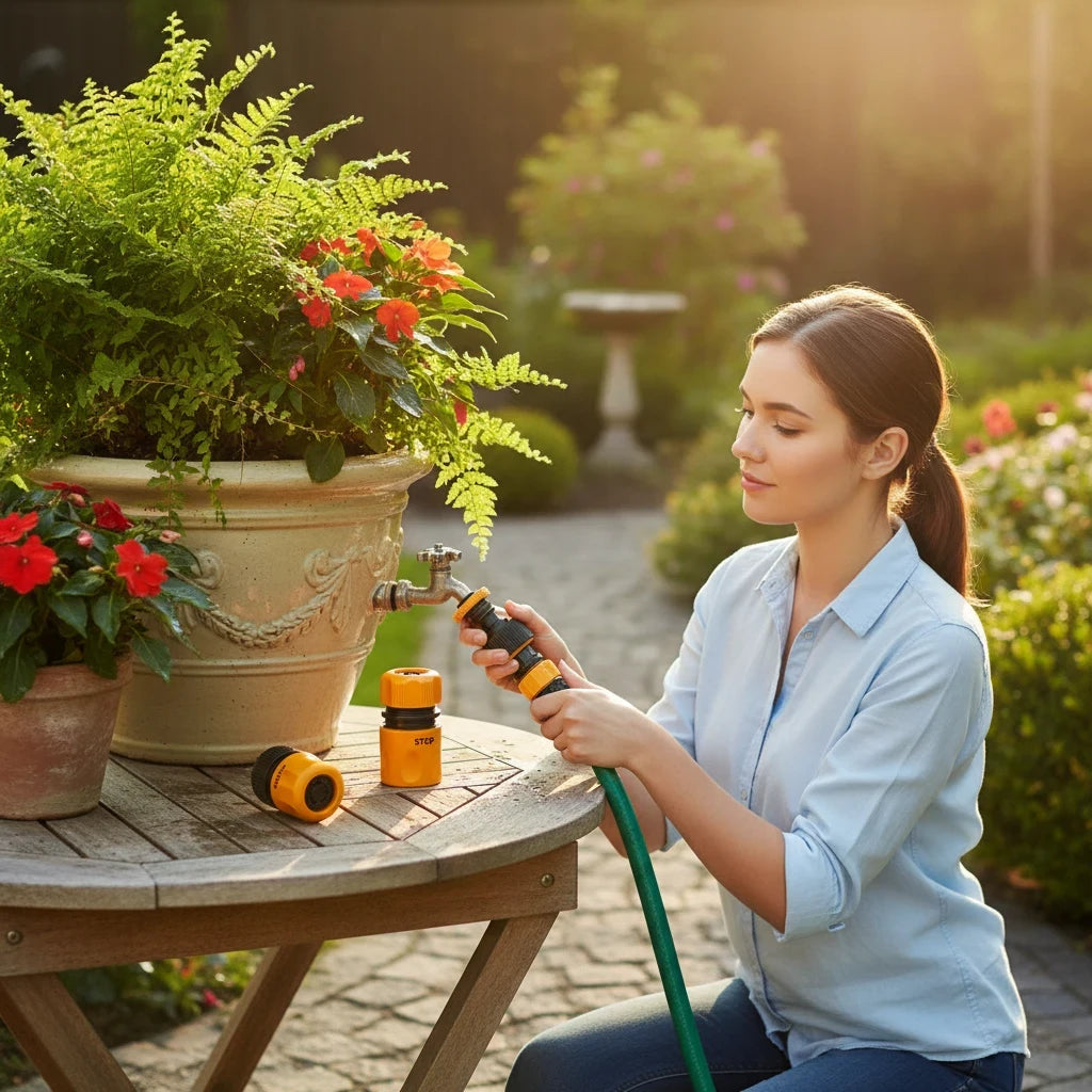 Planet Car Care INGCO 3-piece hose quick connector set being used by a woman to attach a garden hose to a tap