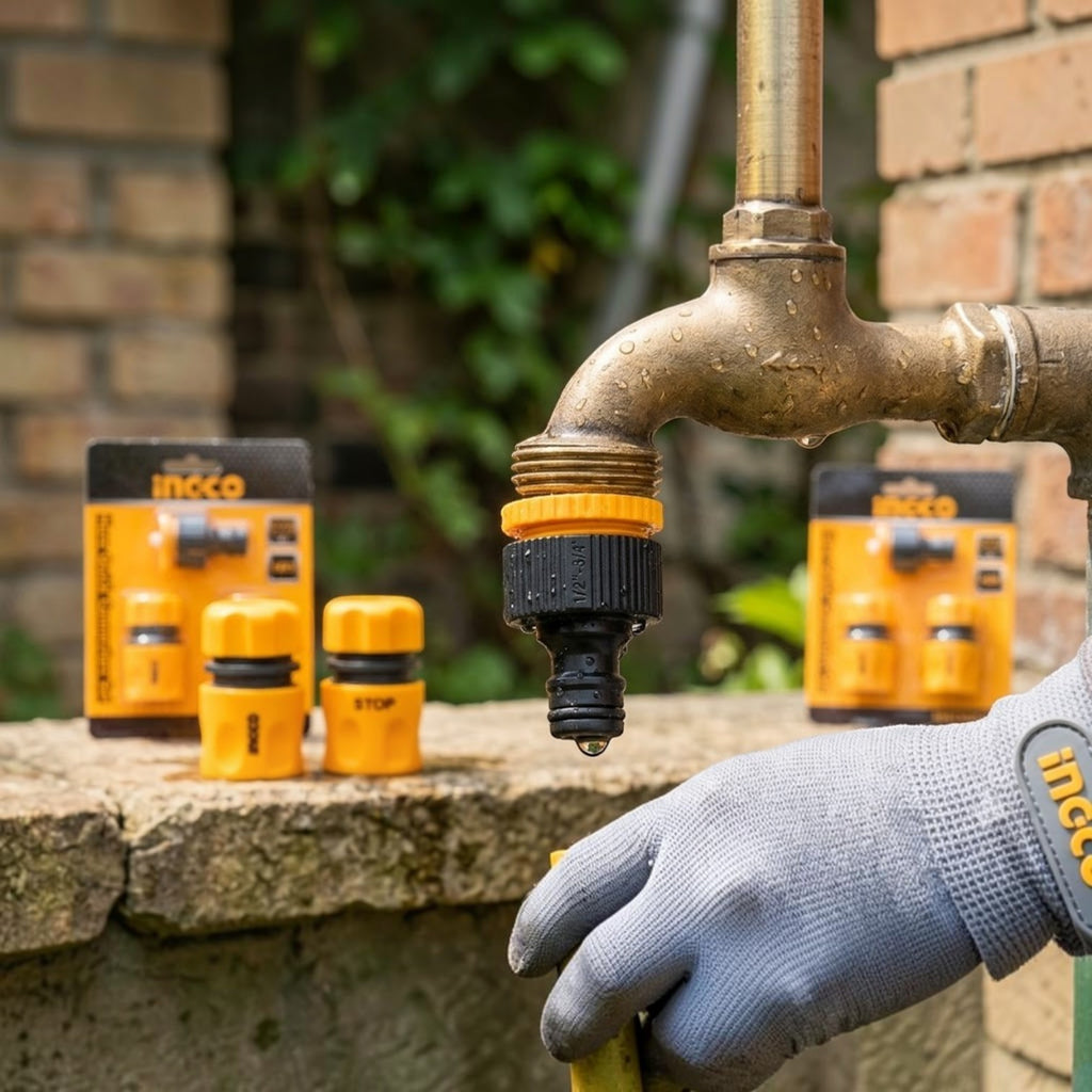 Planet Car Care INGCO 3-piece yellow and black plastic hose quick connector set attached to an outdoor garden tap