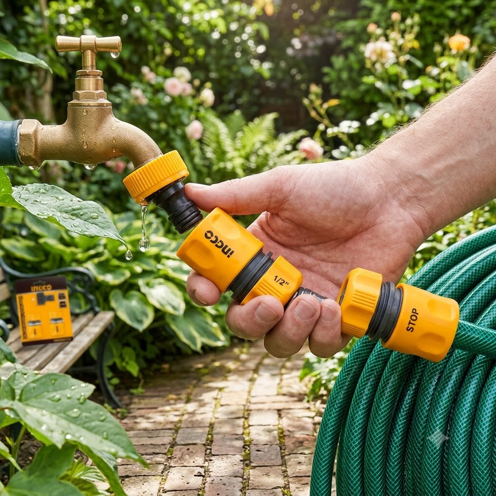 Planet Car Care INGCO 3-piece yellow plastic hose quick connector set being attached to a garden tap