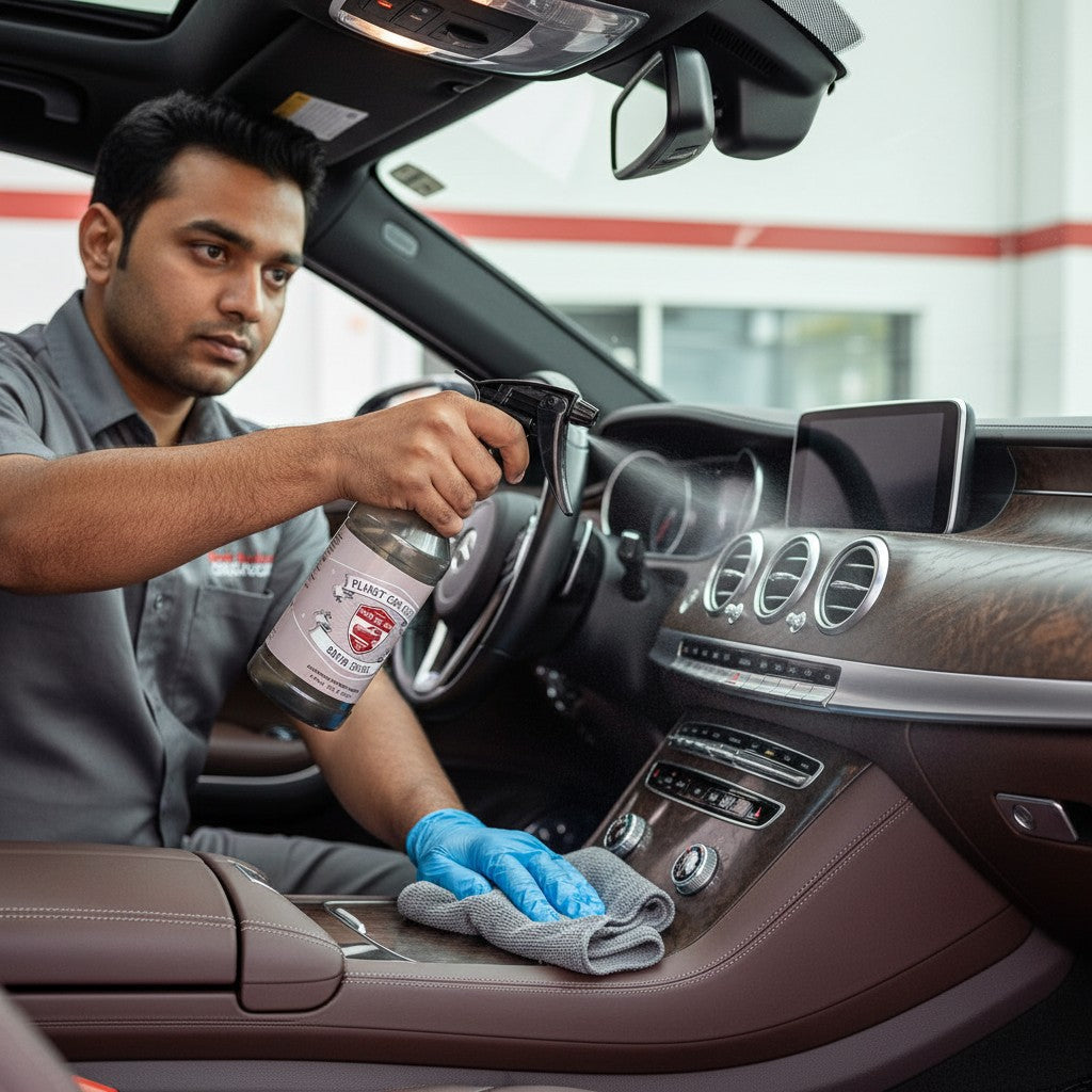 A technician using Planet Car Care interior dresser spray to clean and protect a luxury car dashboard with a microfiber cloth.