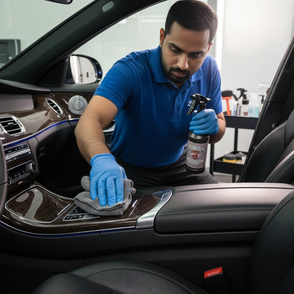 Planet Car Care professional detailing interior dresser being applied to a car dashboard with a microfiber cloth