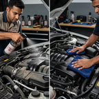 Planet Car Care technician spraying interior dresser on a car engine and wiping it clean with a blue microfiber cloth