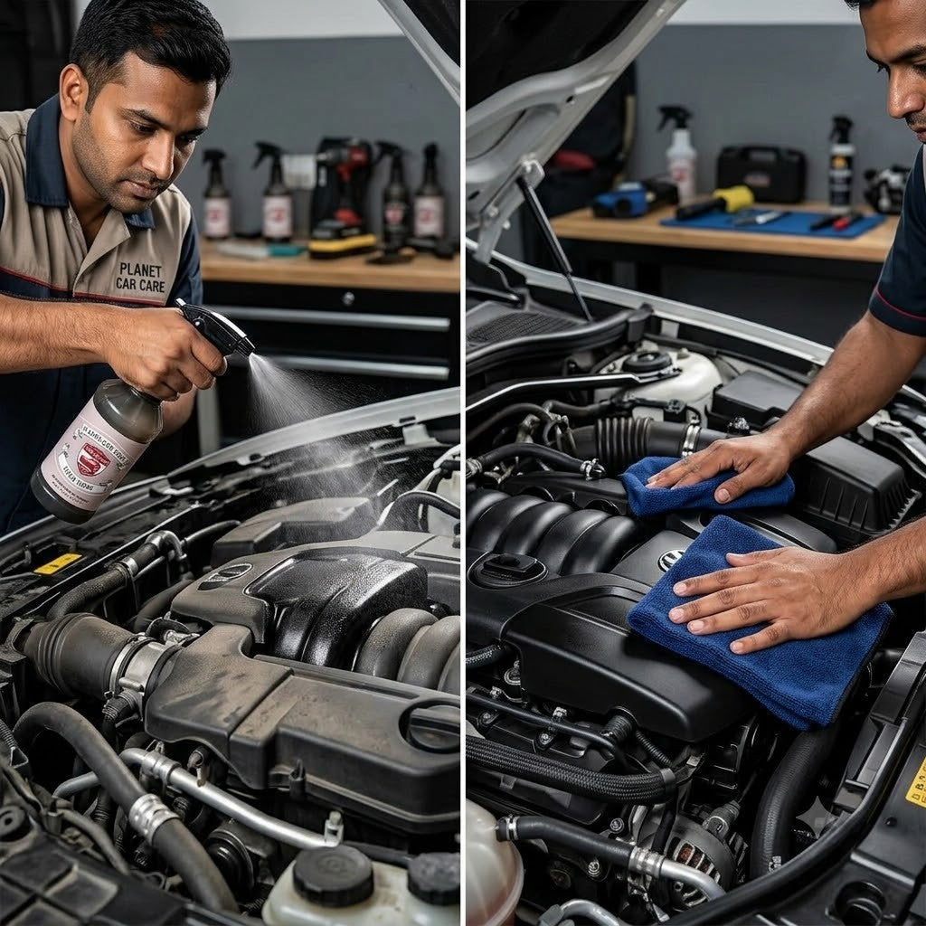Planet Car Care technician spraying interior dresser on a car engine and wiping it clean with a blue microfiber cloth