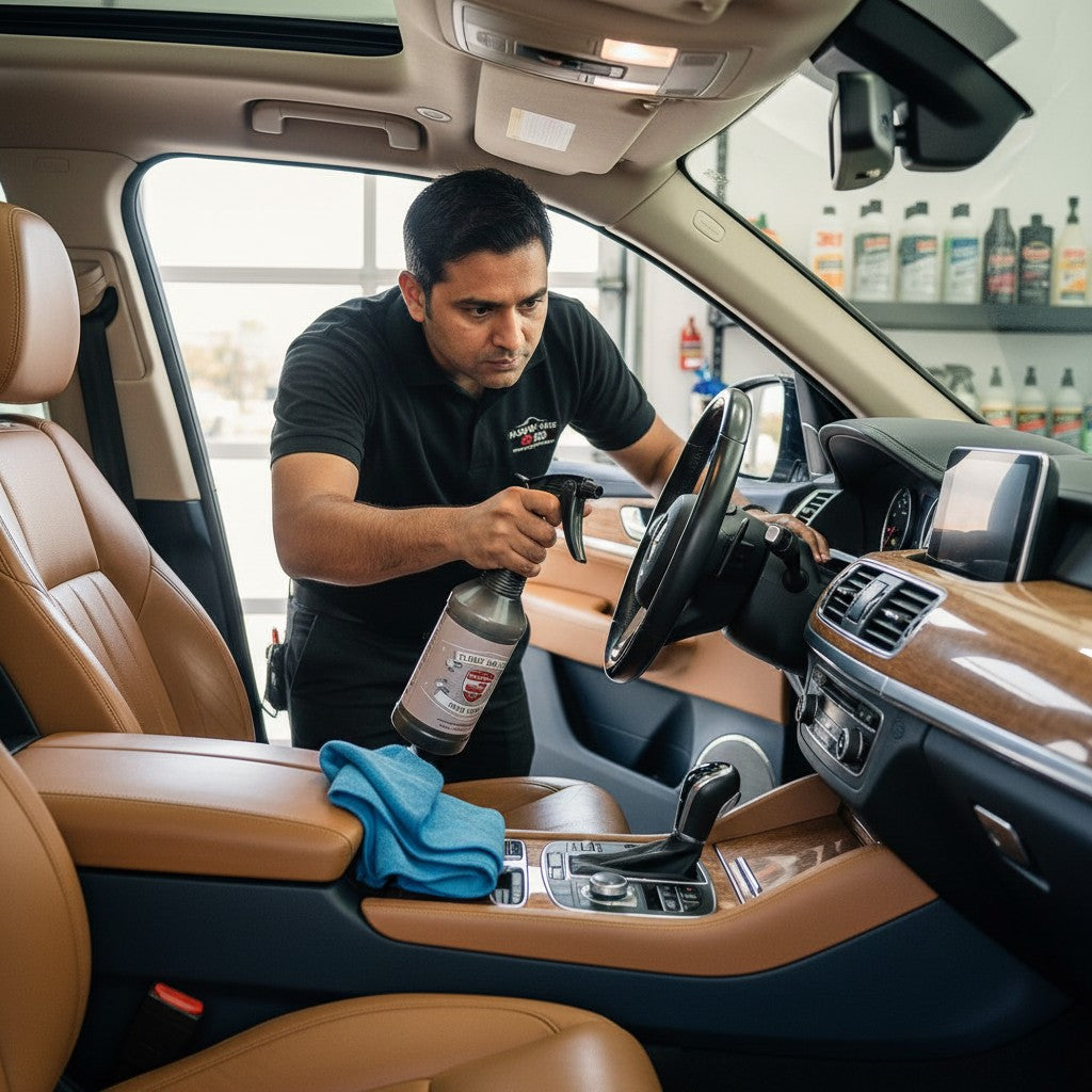 Planet Car Care professional using interior dresser spray to clean a luxury car dashboard and leather interior