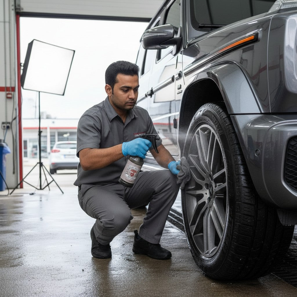 Planet Car Care technician in grey uniform spraying cleaner on a car wheel in a professional auto detailing studio