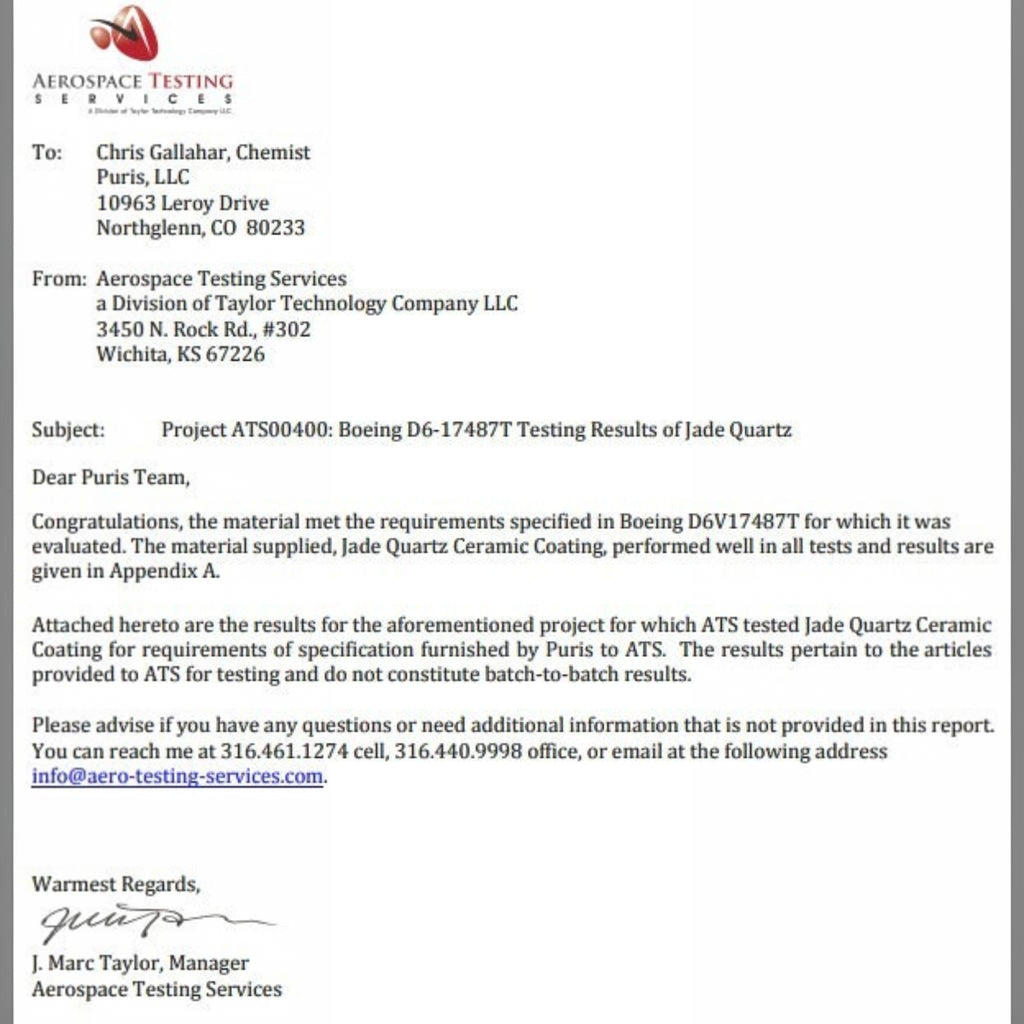 Planet Car Care official testing certification document for Puris Jade Quartz 9H ceramic coating performance results