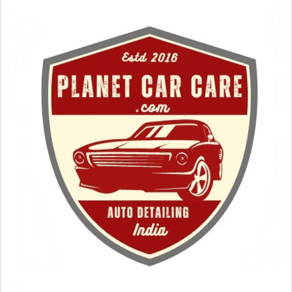 Planet Car Care logo featuring a vintage car illustration inside a red and cream shield emblem