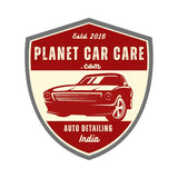Planet Car Care logo featuring a vintage car illustration inside a red and cream shield emblem