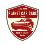 Planet Car Care logo featuring a vintage car illustration inside a red and cream shield emblem