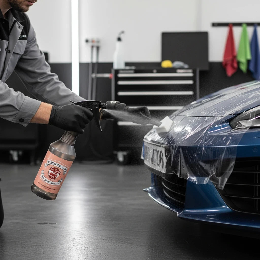 Planet Car Care professional applying PPF slip solution to a blue car hood for a smooth, bubble-free installation.